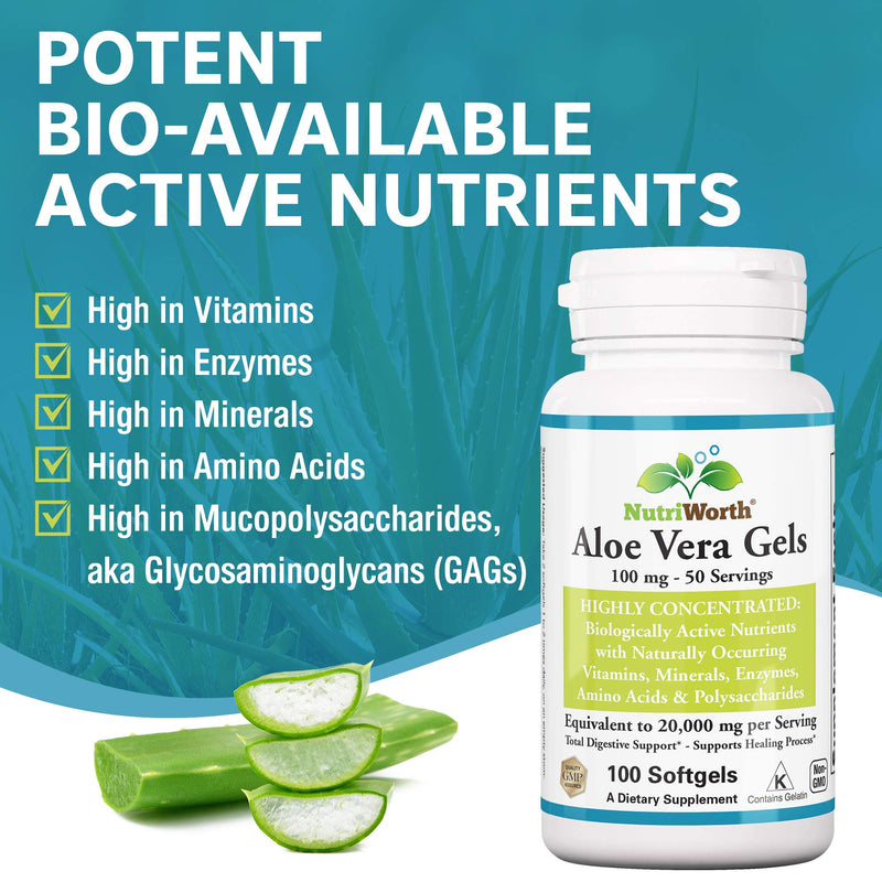 Nutriworth Aloe Vera Supplement (100 Softgels )- 20,000mg Pure Gel Equivalency - Made with Organic Aloe Vera - NewNest Australia