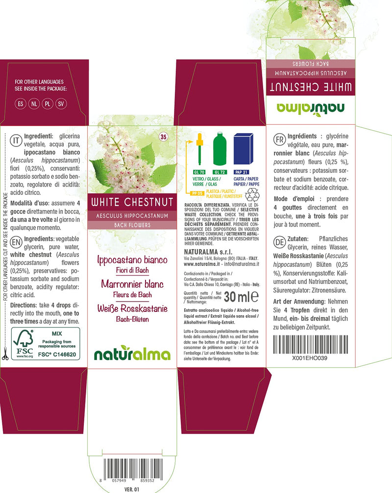 White Chestnut (Aesculus hippocastanum) Naturalma Bach Flowers | No. 35 | Drops 30 ml | Alcohol-Free Liquid Extract | Flower essences | Vegan and Without Alcohol - NewNest Australia
