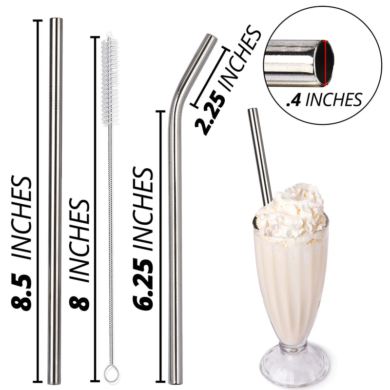 NewNest Australia - Friendly Straw 6 Pack 8.5" x .4" Reusable Metal Straws For Smoothies, 3 Straight 3 Elbow Stainless Steel Smoothie Straws With Free Brushes and Pouch 8.5" Stainless Steel 