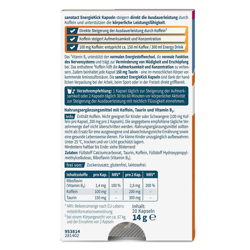 sanotact EnergyKick capsules • 20 energy capsules as an energy booster • Caffeine tablets with taurine + vitamin B2 • Stimulator for tiredness & for more energy 20 capsules 20 pieces (pack of 1) - NewNest Australia