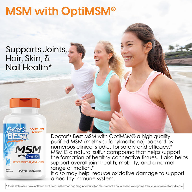 Doctor's Best MSM with OptiMSM, Joint Support, Immune System, Antioxidant and Protein-Building Role, Non-GMO, Gluten Free, 1000 mg, 360 Capsules - NewNest Australia