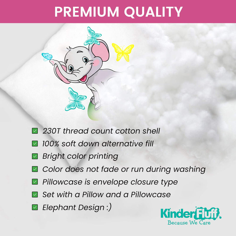 Kinder Fluff Toddler Pillow with Pillowcase Elephant Design -100% Soft Cotton Shell & Premium Down Alternative Fill. 13"x18" Durable, Hypoallergenic & Machine Washable. Baby Pillow & Case for baby,kid - NewNest Australia