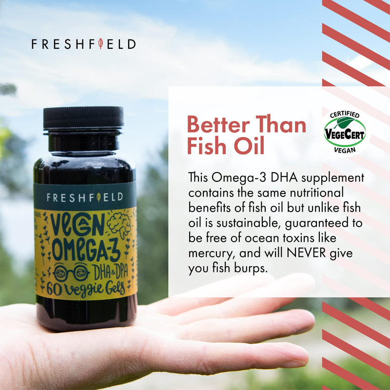 Freshfield Vegan Omega 3 DHA Supplement: Premium Algae Oil, 2 Month Supply, Plant Based, Sustainable, Premium and Mercury Free. Better Than Fish Oil! Supports Heart, Brain, Joint Health - w/ DPA Natural 60 Count (Pack of 1) - NewNest Australia