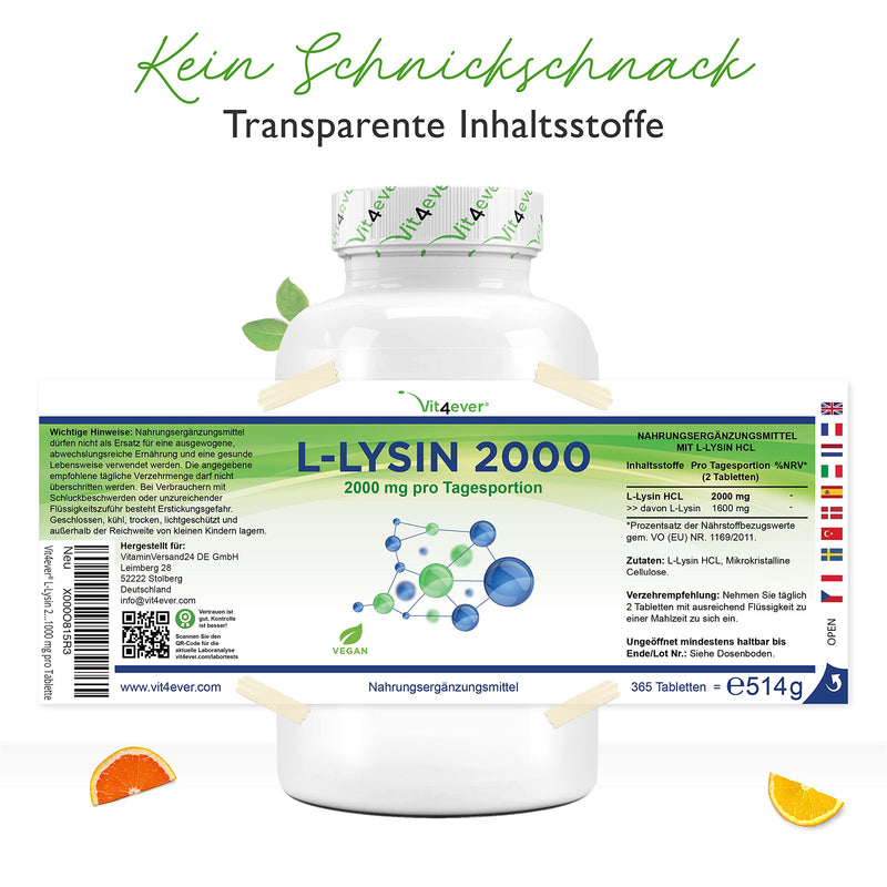 L-Lysine 2000-365 tablets - 1000 mg per ONE tablet - From plant fermentation - Laboratory tested - Without unwanted additives - High dosage - for vegan, immune system 365 pieces (pack of 1) - NewNest Australia