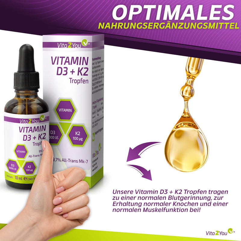 Vita2You Vitamin D3 + K2 drops - Vitamin D3 5000 IU - Vitamin K2 100µg per drop - K2VITAL - MK-7 - 99.7% All-Trans - MCT oil - Premium quality - Made in Germany - NewNest Australia
