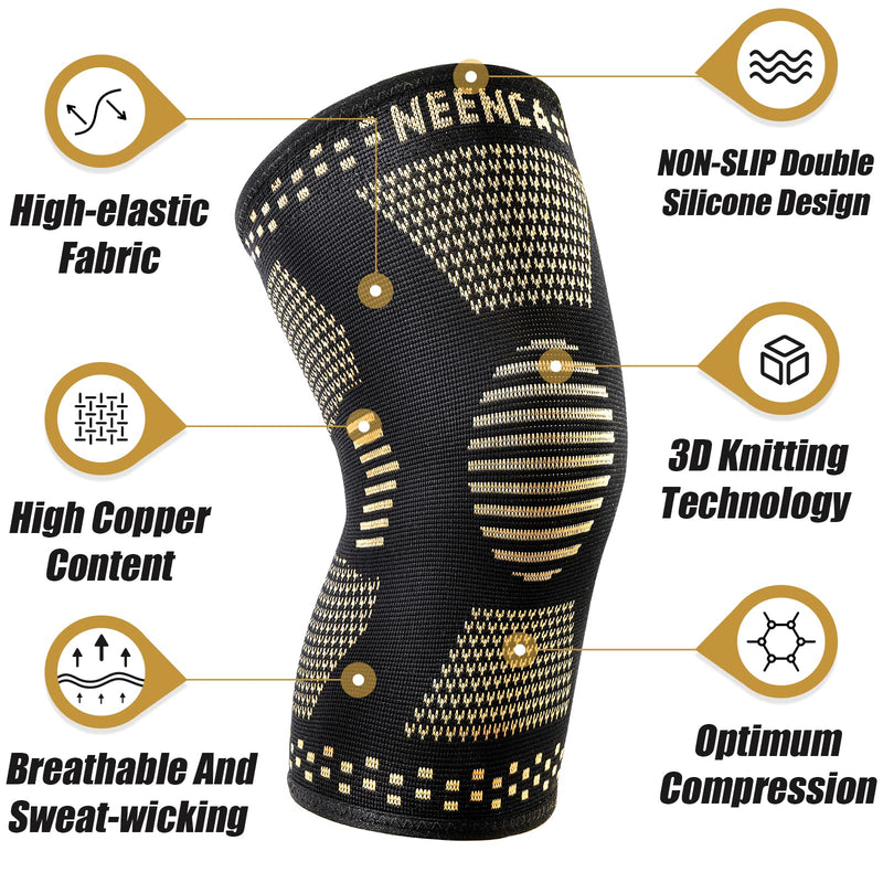 NEENCA Copper Knee Sleeves (Pair), Professional Knee Brace with Copper Ions Infused Fiber Technology, Premium Compression Support for Knee Pain, Sports, Workout, Arthritis, ACL, Joint Pain Relief... Real Copper Ions（2 pack） Large - NewNest Australia