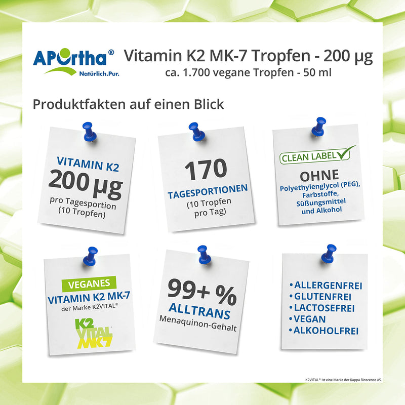 APOrtha® Vitamin K2 MK-7 drops (K2VITAL®) 50 ml, 200 µg per daily dose of 10 drops, approx. 1,700 vegan K2 drops 99+% ALL-Trans, high dosage, allergen-free, alcohol-free, sugar-free, gluten-free - NewNest Australia