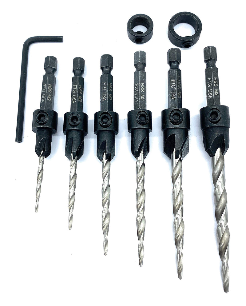 FTG USA Maximum Torque Master Set 6 Sizes #4, 6, 8, 10, 12, 14 Adjustable Wood Countersink Drill Bit Set with Woodworking HSS Tapered Bits Secured with Pin and Hex Wrench (1/8" Allen Key) Included with 2 Adjustable Depth Stop Collars 3/8" and 1/2" - NewNest Australia