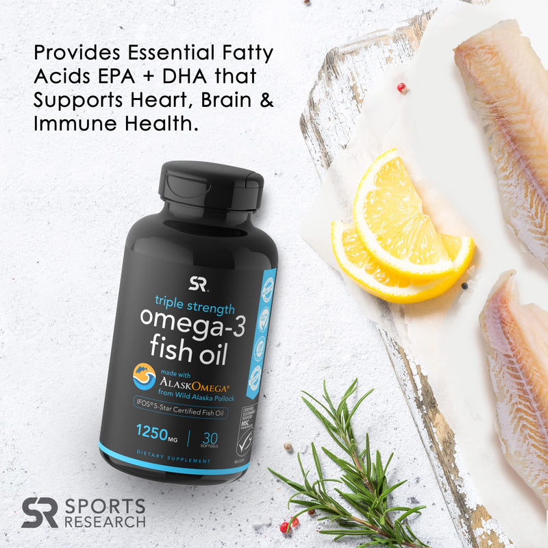 Sports Research Triple Strength Omega 3 Fish Oil Supplement - EPA & DHA Fatty Acids from Wild Alaskan Pollock - Heart, Brain & Immune Support for Adults, Men & Women - 1250 mg Capsules (30 ct) 30 Count (Pack of 1) - NewNest Australia
