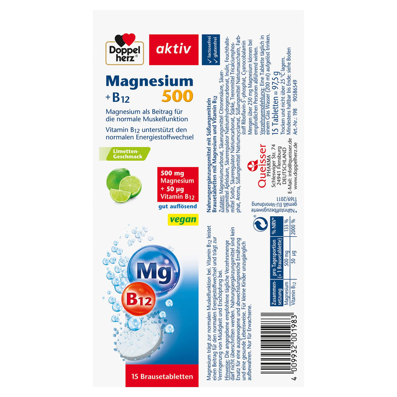 Doppelherz Magnesium 500 + B12 - With Magnesium & Vitamin B12 To Support Normal Muscle Function - Vegan - 15 Effervescent Tablets With Lime Flavor (Pack Of 3) - NewNest Australia