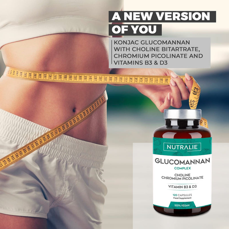 Nutralie Glucomannan Konjac | Helps Lose Weight, 100% Natural Appetite Suppressant With Choline Bitartrate, Chromium Picolinate And Vitamins B3 And D3 | 120 Vegan Capsules - NewNest Australia
