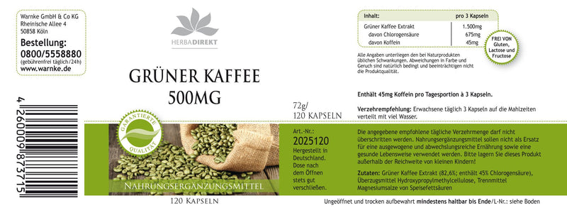 Green coffee 500mg - extract with 45% chlorogenic acid and 3% caffeine - 120 capsules - vegan | HERBADIREKT by Warnke vital substances - NewNest Australia