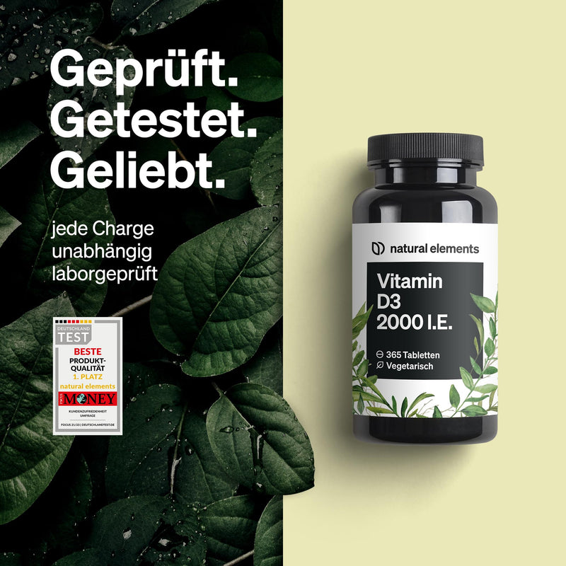 natural elements Vitamin D3 2000 IU - 365 tablets - for bones and immune system - high dosage, without unnecessary additives - produced in Germany & laboratory tested - NewNest Australia