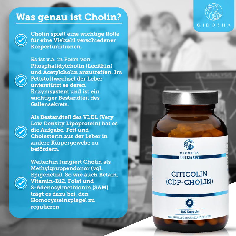 QIDOSHA® CDP Choline (Citicoline) capsules high dosage, 180 capsules in a pharmacist jar, full 250mg Citicoline/CDP Choline per capsule, vegan, laboratory tested, German production, Citicoline CDP Choline 250mg - NewNest Australia