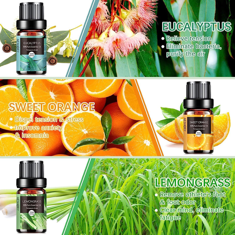 Aeshory Essential Oils Set For Diffuser 6 X 10 Ml, 100% Natural Aromatherapy Fragrance Oil, Aroma Oil Gift Set For Soap, Candles, Humidifier, Spa - Lavender, Mint, Tea Tree, Sweet Orange, Eucalyptus - NewNest Australia