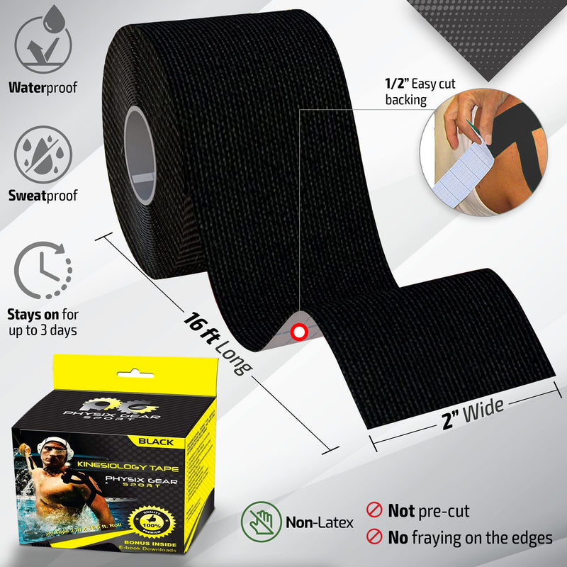 Physix Gear Kinesiology Tape Pro - Waterproof Physio Sports Tape for Pain & Injuries, Pregnancy, Muscle, Knee, Joint Support, Swelling, Strain Relief, Enhanced Blood Circulation (with E-Guide) Black (2 Pack + eGuide) - NewNest Australia