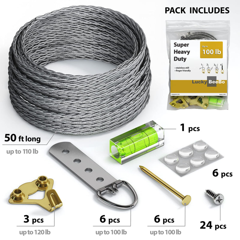 Heavy Duty Picture Wire Hanging Kit - D-Ring, Screws, Hanging Hooks,Level. Supports up to 110 lbs 50+ Feet (15.25M) Stainless Steel Wire Hanger - NewNest Australia