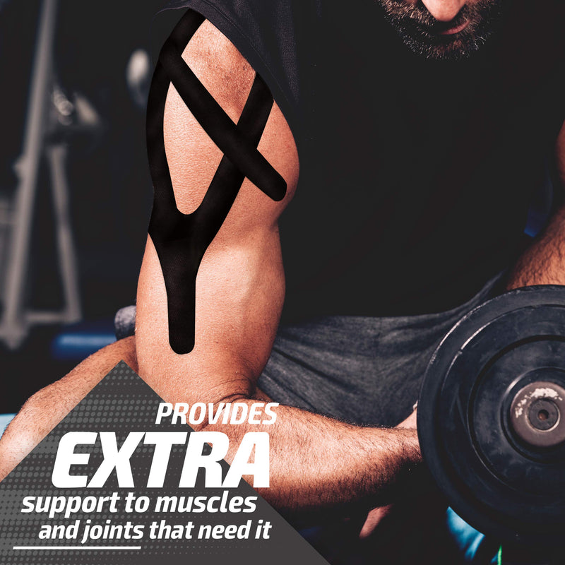 Physix Gear Kinesiology Tape Pro - Waterproof Physio Sports Tape for Pain & Injuries, Pregnancy, Muscle, Knee, Joint Support, Swelling, Strain Relief, Enhanced Blood Circulation (with E-Guide) Black (2 Pack + eGuide) - NewNest Australia