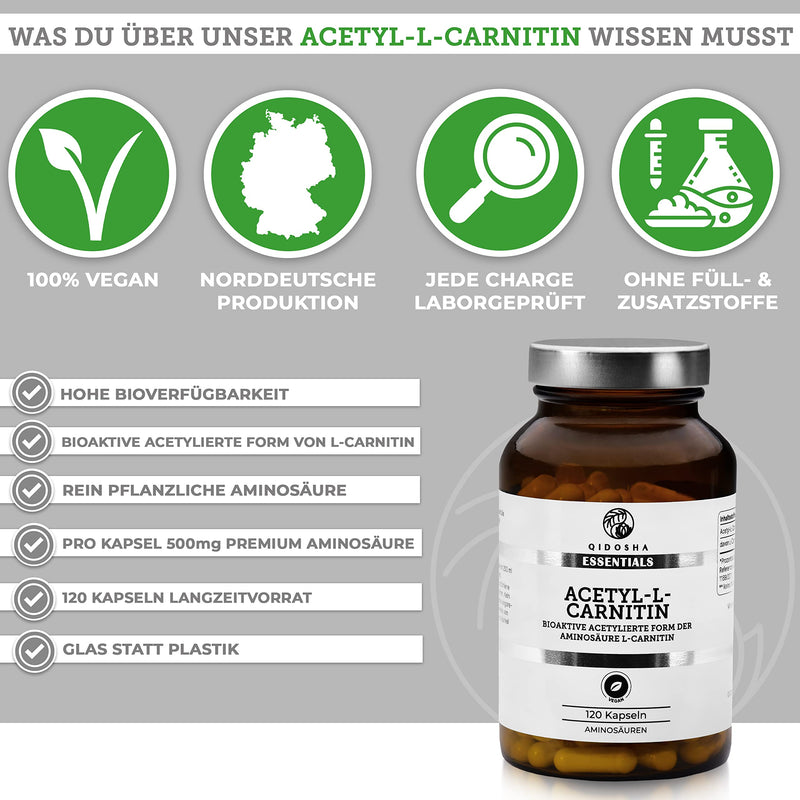 Qidosha Acetyl L Carnitine Capsules Bioactive, Increased Bioavailability, 120 Capsules/Glass, Acetyl L Carnitine 500Mg Vegan, Bioactive Acetylated Form Of The Amino Acid L-Carnitine, Produced In Germany - NewNest Australia