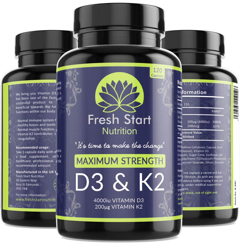 Vitamin D3 4000 IU and Vitamin K2 200μg MK7 - Vitamin D3 K2 High Strength Supplement - 120 Capsules 4 Month Supply Cholecalciferol - K2 Menaquinone-7 - Made in The UK - NewNest Australia