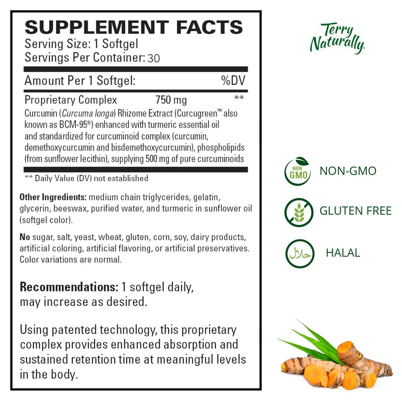 Terry Naturally CuraMed 750 mg - 30 Softgels - Superior Absorption BCM-95 Curcumin Supplement with Turmeric , Promotes Healthy Inflammation Response - Non-GMO , Gluten-Free , Halal - 30 Servings - NewNest Australia