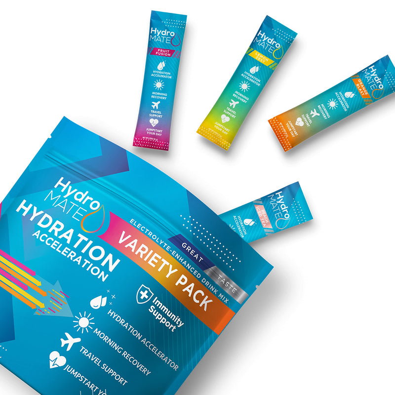 HydroMATE Electrolyte Powder Packets Drink Mix Hydration Accelerator Rapid Hydrate Powder Low Sugar Single Serving Stick Rehydrate Fast Hangover Party Recovery +1000mg Vitamin C Variety Bag (16 Count) 16 Count (Pack of 1) - NewNest Australia