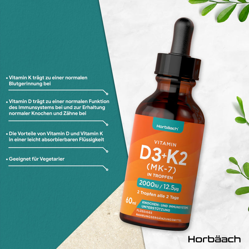 Vitamin D3 K2 drops high dose | 60ml | 2000 IU D3 + 12.5 mcg K2 MK7 | Liquid drops | Bone Health and Immune Support | by Horbaach - NewNest Australia