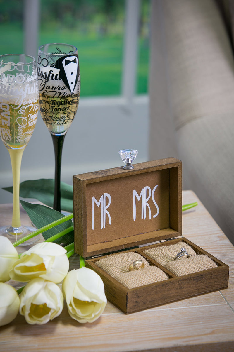 NewNest Australia - Cypress Home Wedding Decor “and Then Two Become One” Mr. and Mrs. Wooden Ring Holder Decorative Box - 5”W x 6”D x 2”H Elegant Wedding Gift Box 