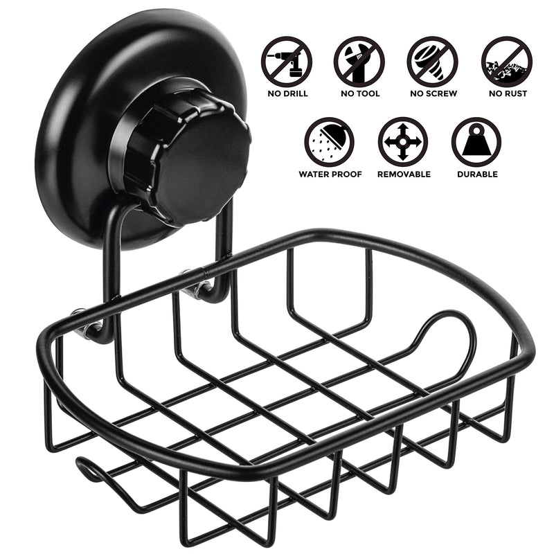 HASKO accessories Suction Soap Dish with Hooks - Super Powerful Vacuum Suction Cup Shower Soap Holder - Rustproof Stainless Steel SS304 Soap Basket - Sponge Holder for Bathroom & Kitchen (Black) - NewNest Australia