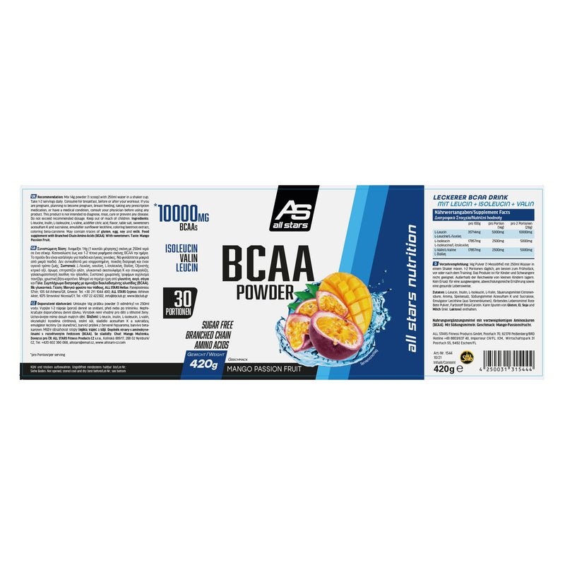All Stars Bcaa Powder 420 G Sugar-Free & Vegan I Branched Chain Amino Acids I High-Quality Protein Powder With L-Leucine + L-Valine + L-Isoleucine I Protein Shake With Mango Passion Fruit Flavor - NewNest Australia
