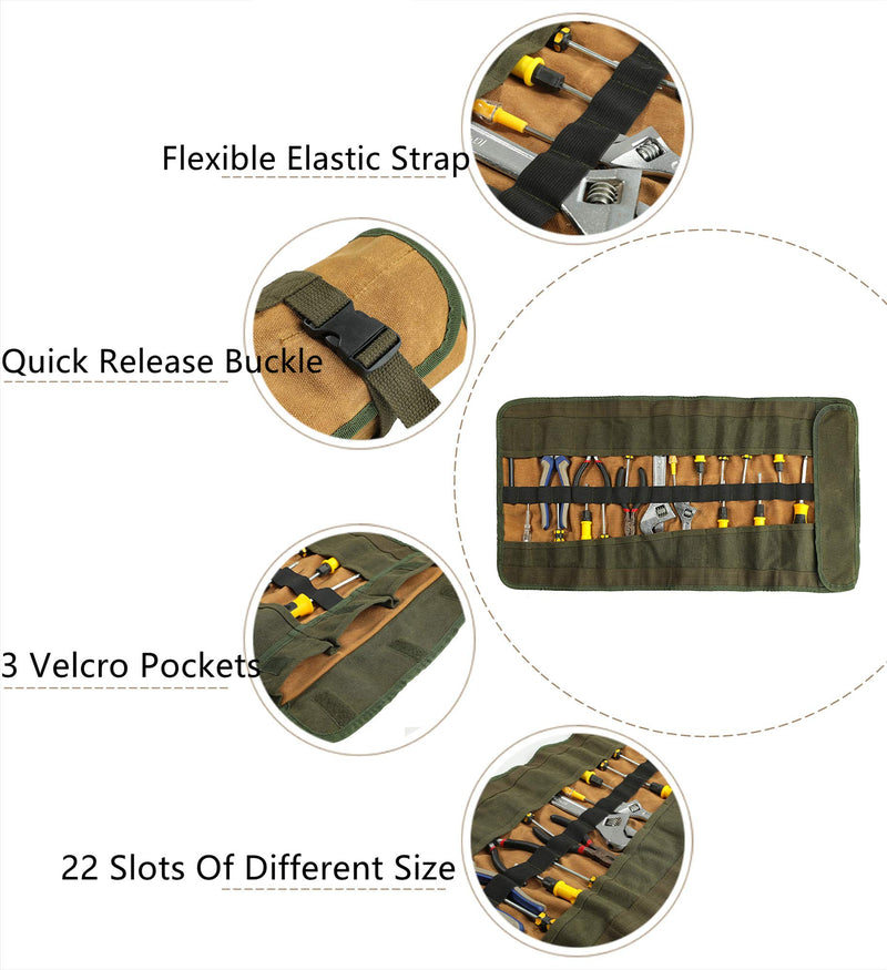 Heavy Duty Waxed Canvas Multi-purpose Tool Roll Pouch With 25 Pockets, Easy Storage, Durable (Khaki) Khaki - NewNest Australia