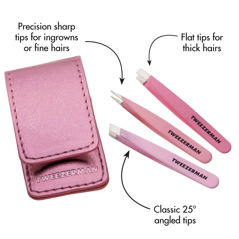 TWEEZERMAN mini tweezers set, 3 pieces for eyebrow plucking for travel and on the go, pink - NewNest Australia