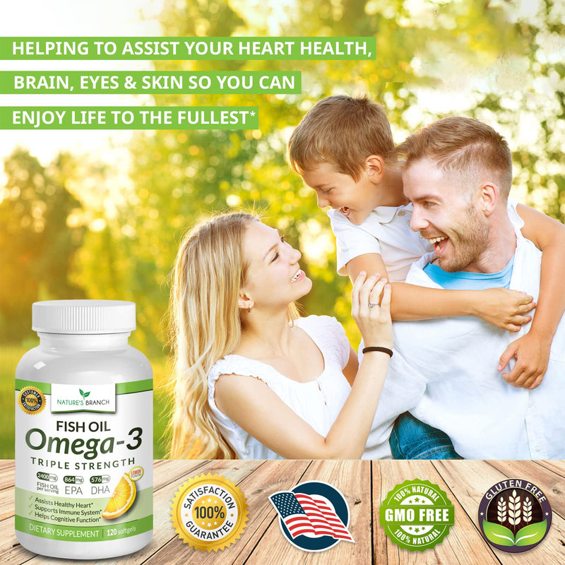 Best Triple Strength Omega 3 Fish Oil Pills 2400mg Burpless High Potency Lemon Flavor - 864mg EPA 576mg DHA Ultra Pure Liquid Softgels 120 Capsules for Brain Joints Eyes Hair Heart Health Supplement - NewNest Australia