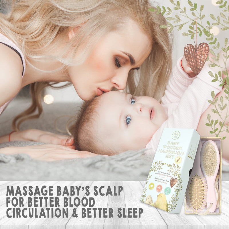 Baby Hair Brush - Natural Wooden Cradle Cap Brush with Soft Goat Bristle - Baby Brush Set for Newborns - Toddler Comb - Perfect Scalp Grooming Product for Infant, Toddler, Kids (Oval, Blush) Oval - NewNest Australia