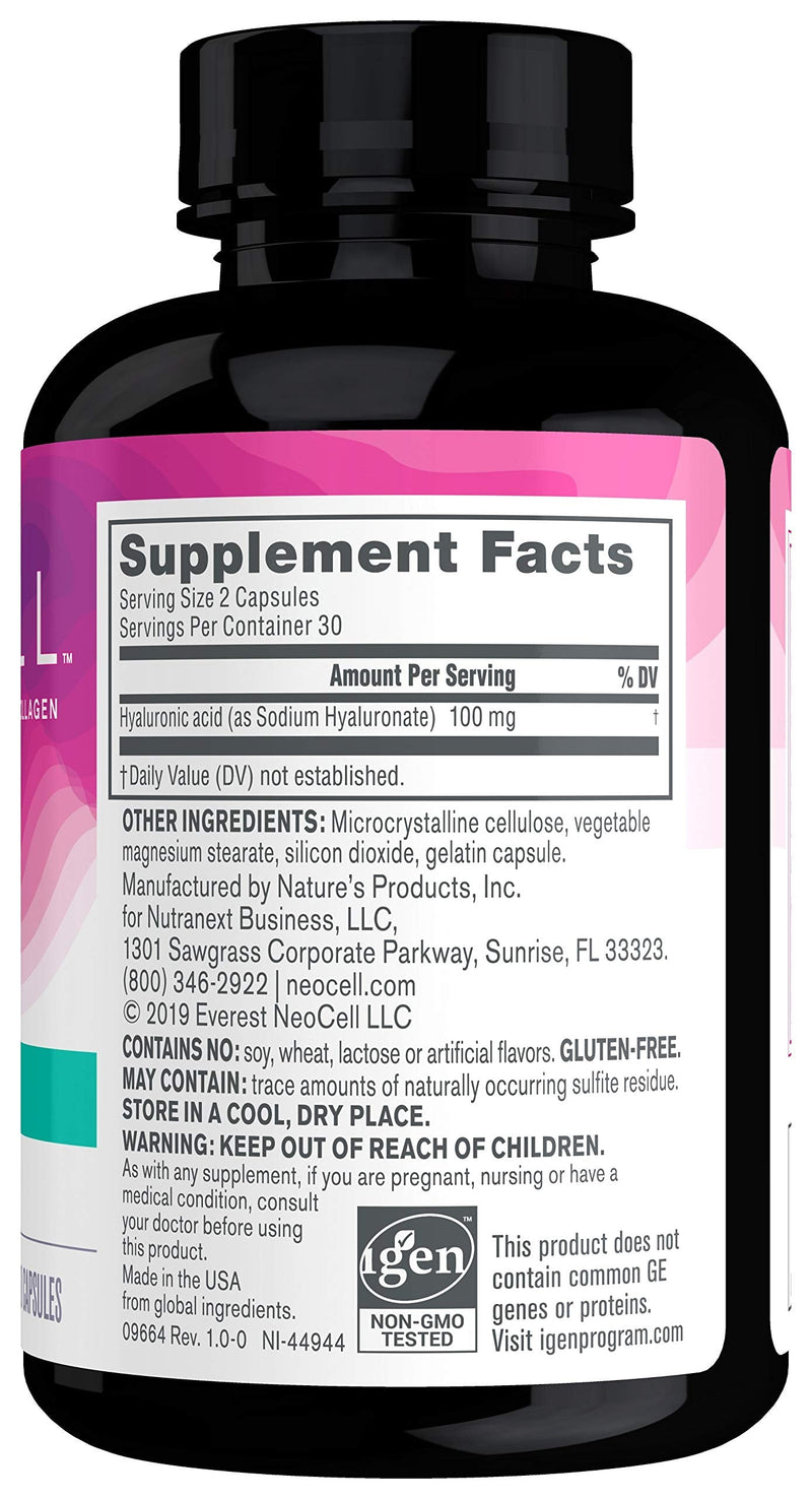NeoCell Hyaluronic Acid, Daily Hydration for Skin Hydration & Suppleness, 100mg ,60 Capsules (Package May Vary) - NewNest Australia
