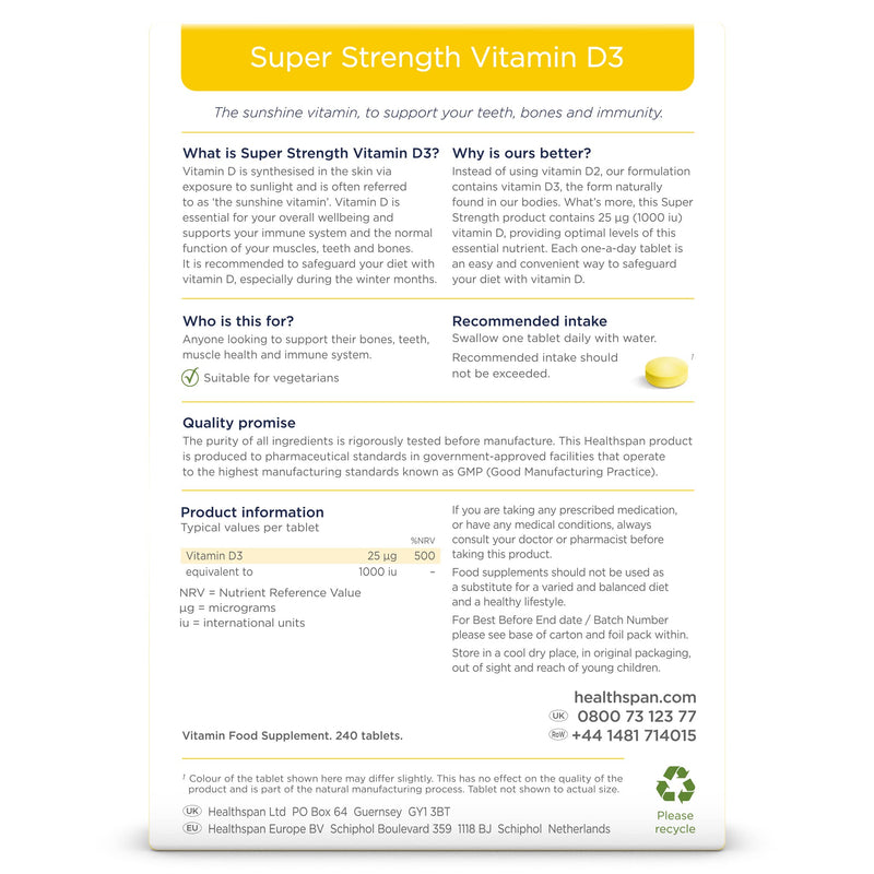 Healthspan Super Strength Vitamin D3 (60 Tablets) | Immune Health | Bone, Teeth & Muscle Health | Contains 1,000iu of Natural Source Vitamin D3 in Each Tablet | Vegetarian 60 Count (Pack of 1) - NewNest Australia