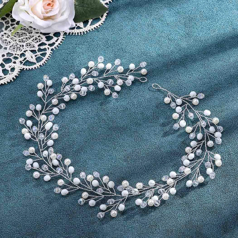 IYOU Bridal Wedding Hair Vines Silver Crystal Bride Headpieces Pearl Headband Leaves Hair Accessories for Women and Girls - NewNest Australia