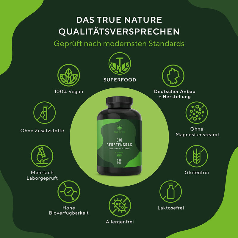 Organic barley grass - 360 capsules (500mg) - 3,000mg high dose per daily dose - German cultivation - contains selenium (contributes to the maintenance of normal hair and nails) - Vegan & laboratory tested - TRUE NATURE - NewNest Australia