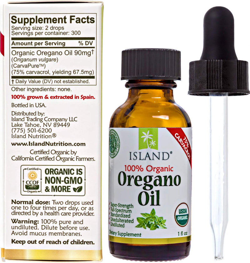 Oregano Oil Organic Liquid Drops - 100% Pure & Undiluted - USDA-Certified Organic (1 oz) 75% Carvacrol - Grown in Spain - Immune Support Supplement with Oil of Oregano by Island Nutrition - NewNest Australia