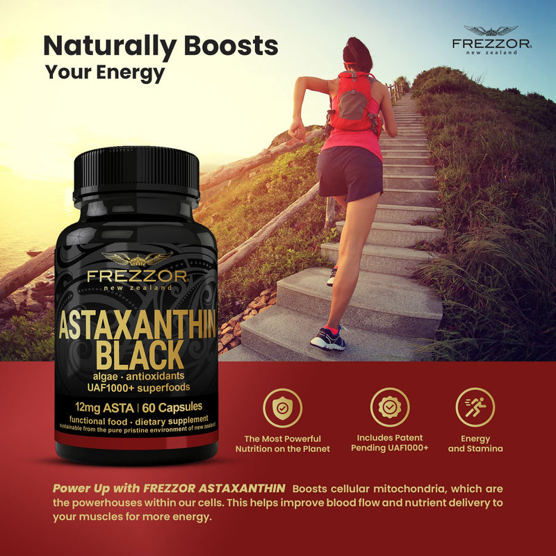 FREZZOR New Zealand Astaxanthin Black with UAF1000+, Anti-Aging, Skin, Eye, Nerve, Muscle Recovery, Cardiovascular and Immune Support Antioxidant Supplement, 12mg Astaxanthin, 30 Servings, 1 Bottle - NewNest Australia