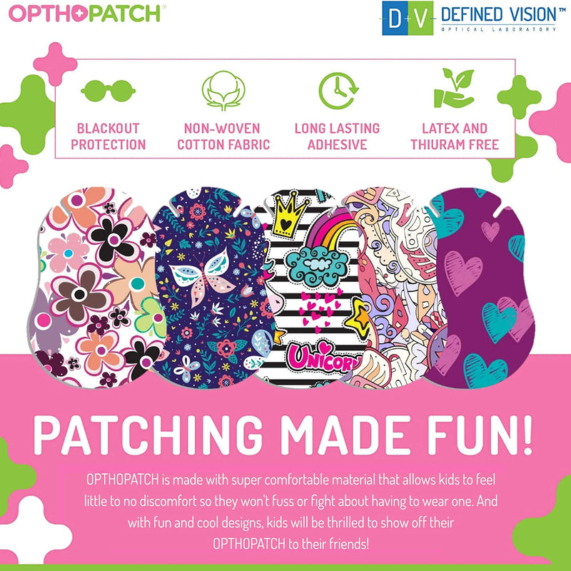 Opthopatch Kids Eye Patches - Fun Girls Design [Series II] - 60 + 10 Bonus Latex Free Hypoallergenic Cotton Adhesive Bandages for Amblyopia and Cross Eye - 3 Reward Chart Posters by Defined Vision - NewNest Australia