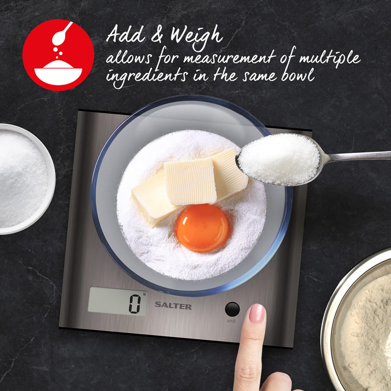 Salter 1087 SSDR Arc Digital Kitchen Scale, 3 Kg Maximum Capacity, Curved Design, Home Kitchen Cooking Scale, LCD Display, Easy to Clean, Add , Weigh, Compact, Stainless Steel Silver - NewNest Australia
