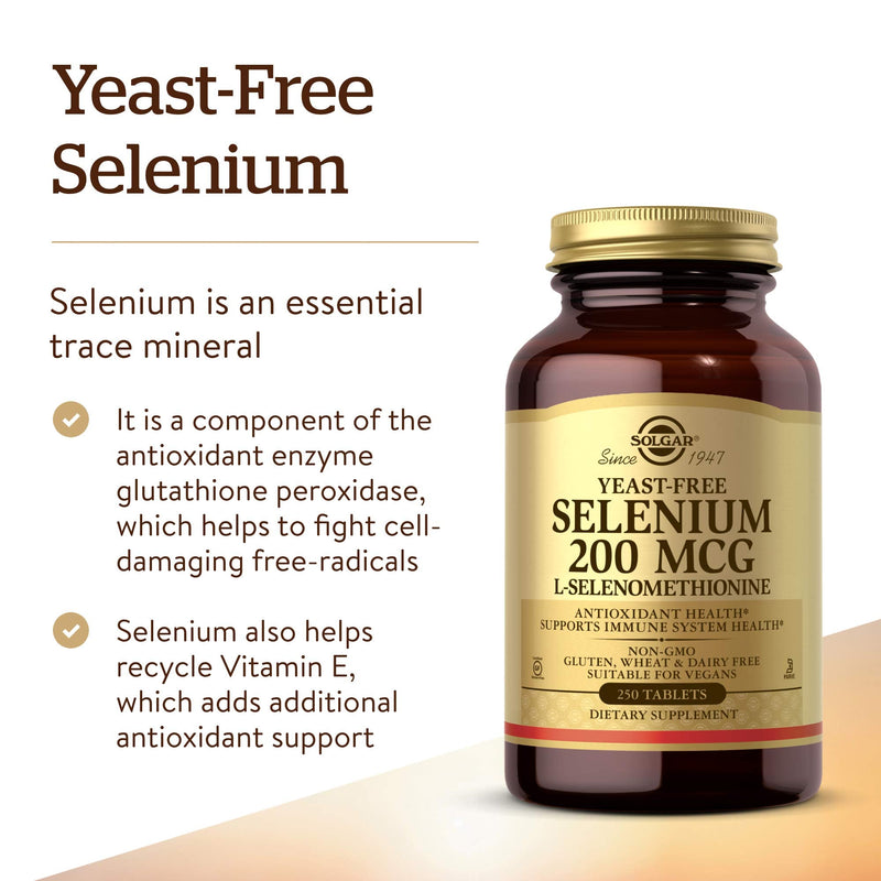 Solgar Yeast-Free Selenium 200 mcg, 250 Tablets - Supports Antioxidant & Immune System Health - Non-GMO, Vegan, Gluten Free, Dairy Free, Kosher - 250 Servings, Unflavored, Standard Packaging - NewNest Australia