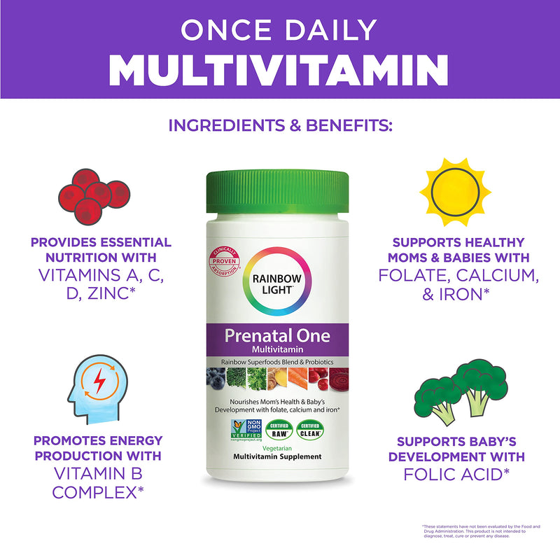 Rainbow Light Prenatal One Multivitamin – High Potency, Clinically Proven Absorption of Vitamin D, B2, B5, Folate, Calcium, Zinc, Iron, Non-GMO, Vegetarian – 90 Tablets (3 Month Supply) Prenatal One 90 Count - NewNest Australia
