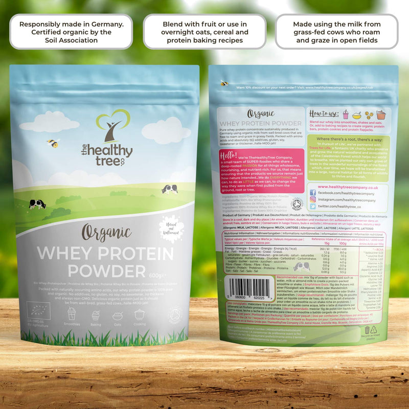 TheHealthyTree Company Organic Whey Protein Powder (600g) - Unflavoured and High in BCAAs with Free 15g Scoop - 80% Pure Whey Protein from Grass Fed Cows 600 g (Pack of 1) - NewNest Australia