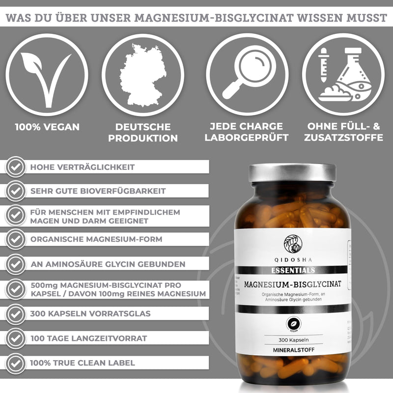 QIDOSHA® Magnesium Bisglycinate capsules, 300 pieces in a pharmacy jar, organic magnesium form as magnesium glycinate, 300 mg elemental magnesium per daily portion from 1500 mg magnesium bisglycinate - NewNest Australia