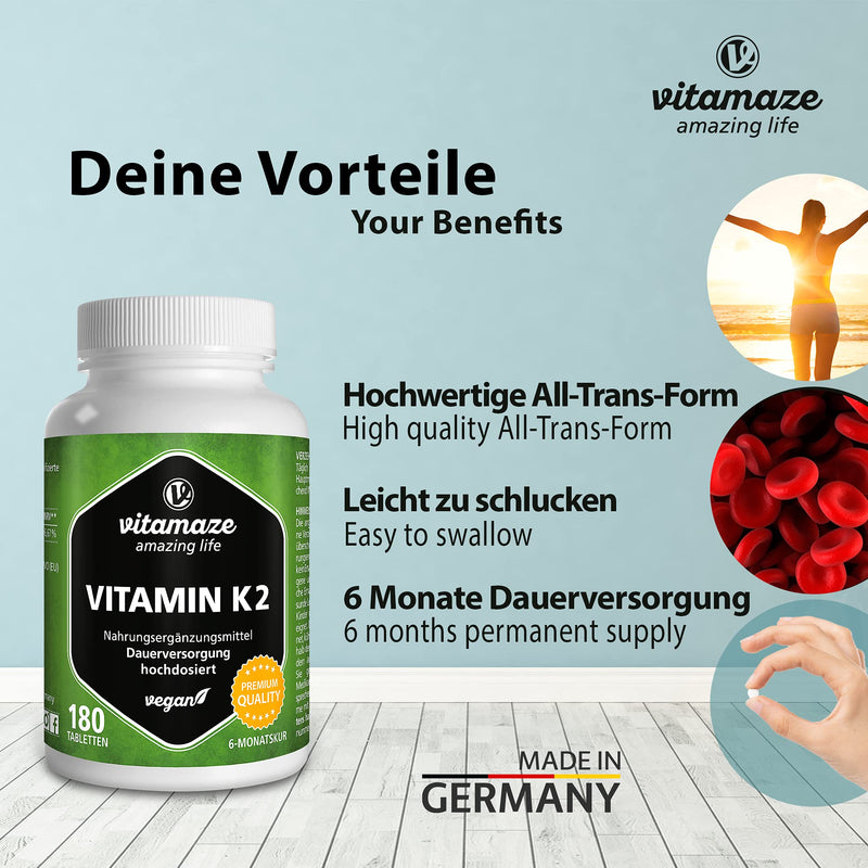 Vitamin K2 high dose & vegan, 200 mcg MK-7 Menaquinone (certified, all-trans form), 180 tablets 6 month supply, natural dietary supplement without additives, Made in Germany - NewNest Australia