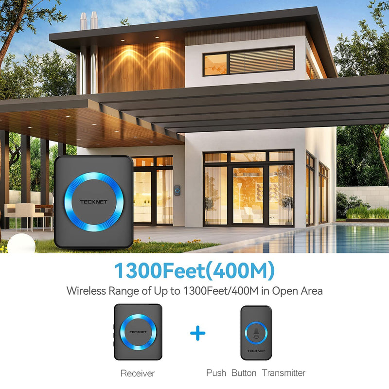 TECKNET Wireless Doorbell for Home, Classroom Doorbell Plug-in Cordless Door Chime Kit With 1300ft Range, 38 Chimes, 4 Level Volume, No Batteries Required for Receiver(1-2, Black) 1 Receivers + 1 Button - NewNest Australia