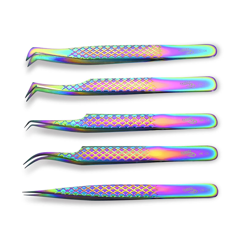 ZAMAHA UK Lash Eyelash Extension Tweezers Set of 5, Japanese Stainless Steel Tools Straight Curved 45 90 Degree Angled Tip, Volume Tweezers Precision (Rainbow Multi) - NewNest Australia