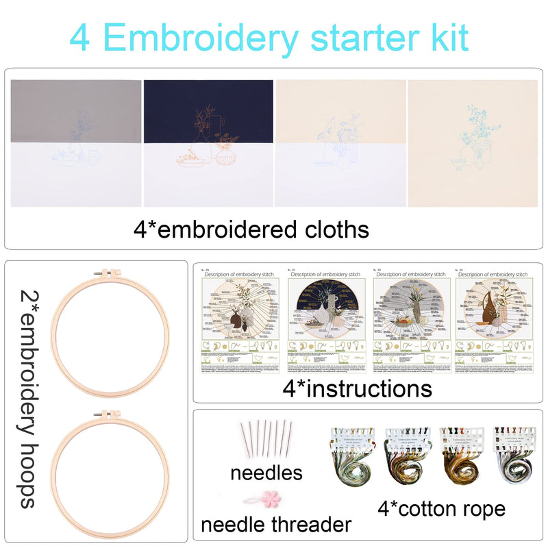 4 Embroidery kit Vase Pattern Stitching Embroidered Cloth Embroidery Starter kit light color - NewNest Australia